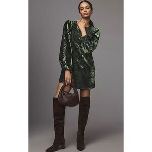 FARM Rio Anthropologie Dress Women XXS Green Crushed Velvet Long Sleeve Mini